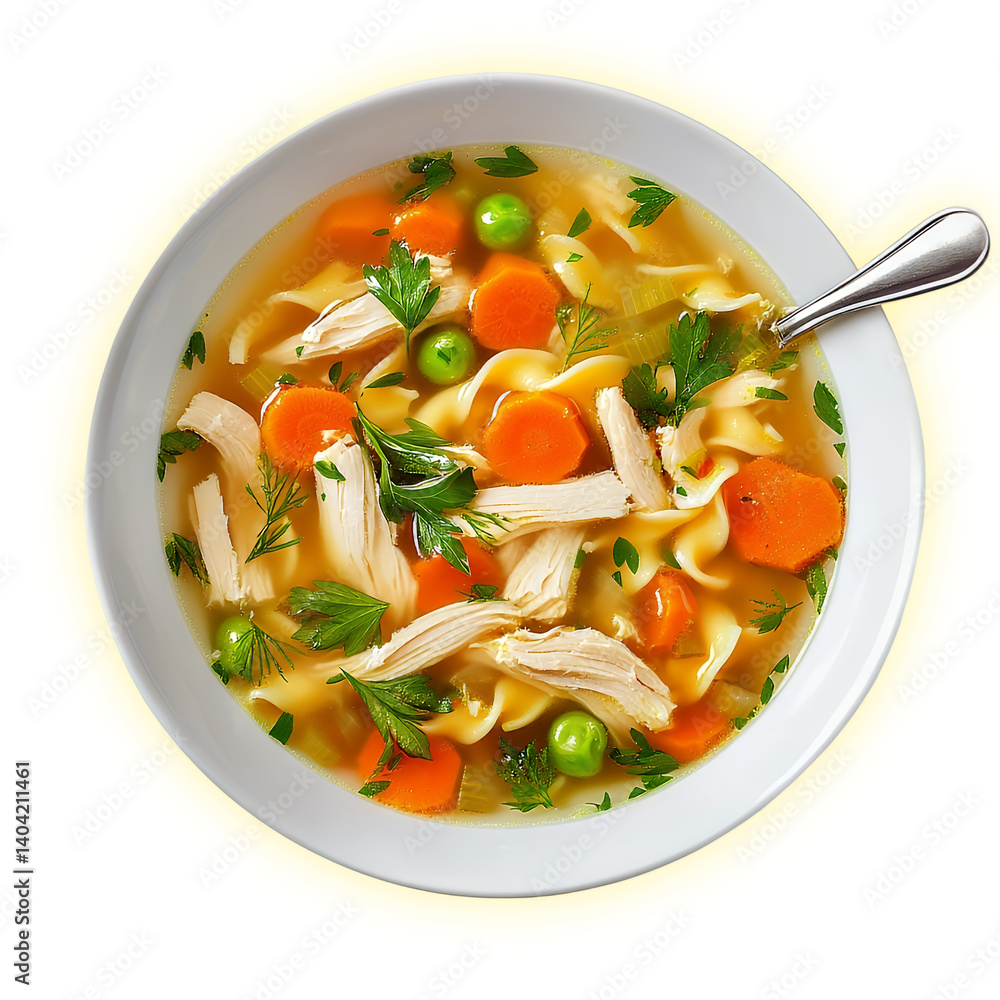 Delicious bowl of chicken noodle soup with colorful vegetables and herbs. Delicious bowl of chicken noodle soup with colorful vegetables and herbs.