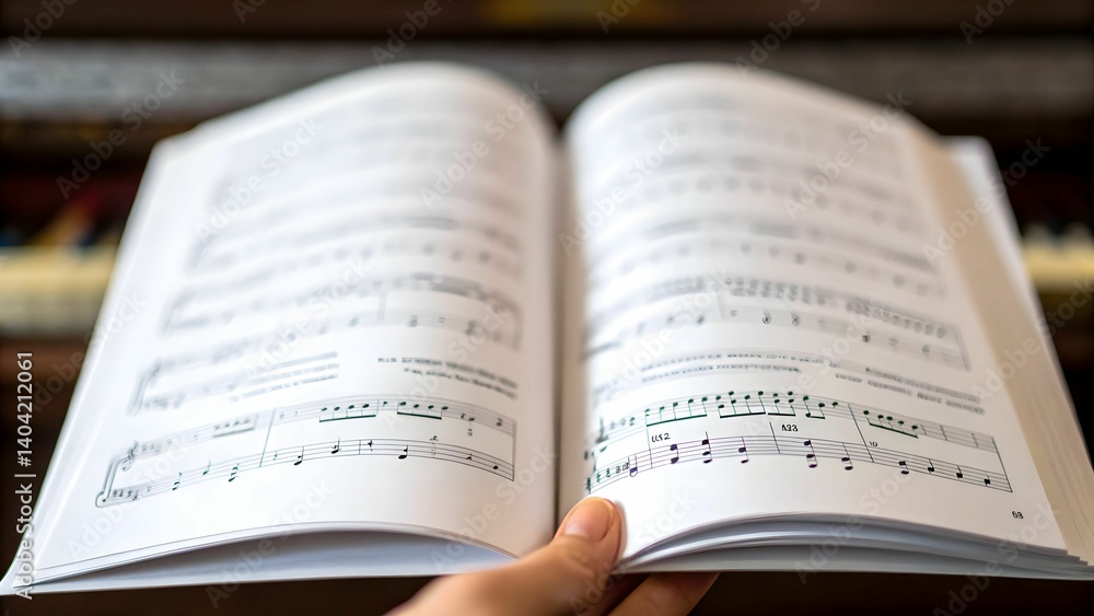 chord method book concept A blurred hand holds an open music book filled with sheet music. chord method book concept A blurred hand holds an open music book filled with sheet music.