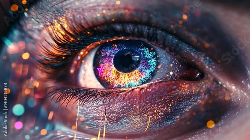A close-up captures an eye with colorful light particles creating a surreal and emotive visual