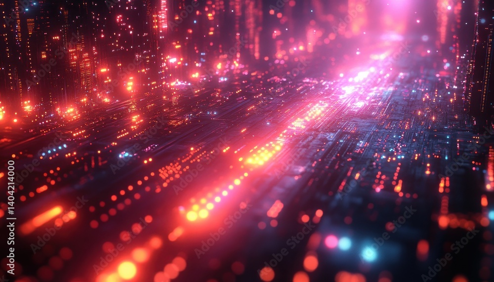 Glowing Fiber Optic Cables and LED Connections in a Cyberpunk Digital Landscape Glowing Fiber Optic Cables and LED Connections in a Cyberpunk Digital Landscape