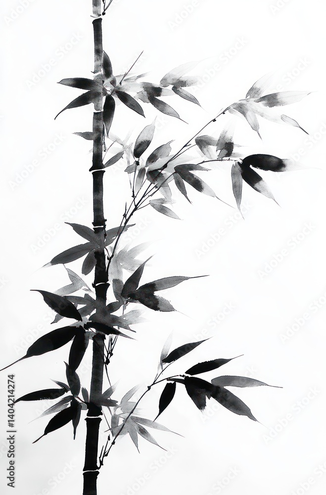 Obraz premium Minimalist Ink Painting of Bamboo in Sumi-e Style with Soft Lighting and Balanced Composition