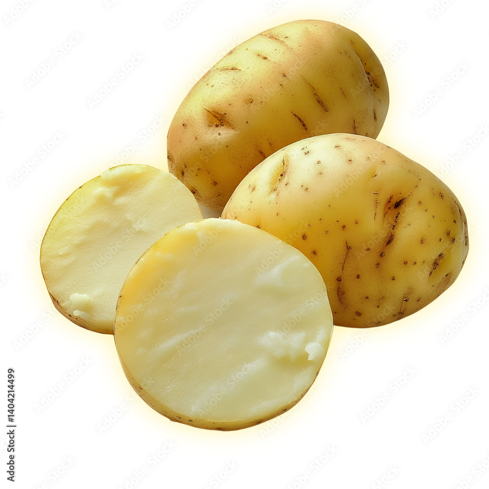 Fresh, raw potatoes with a smooth texture and light brown skin. Fresh, raw potatoes with a smooth texture and light brown skin.