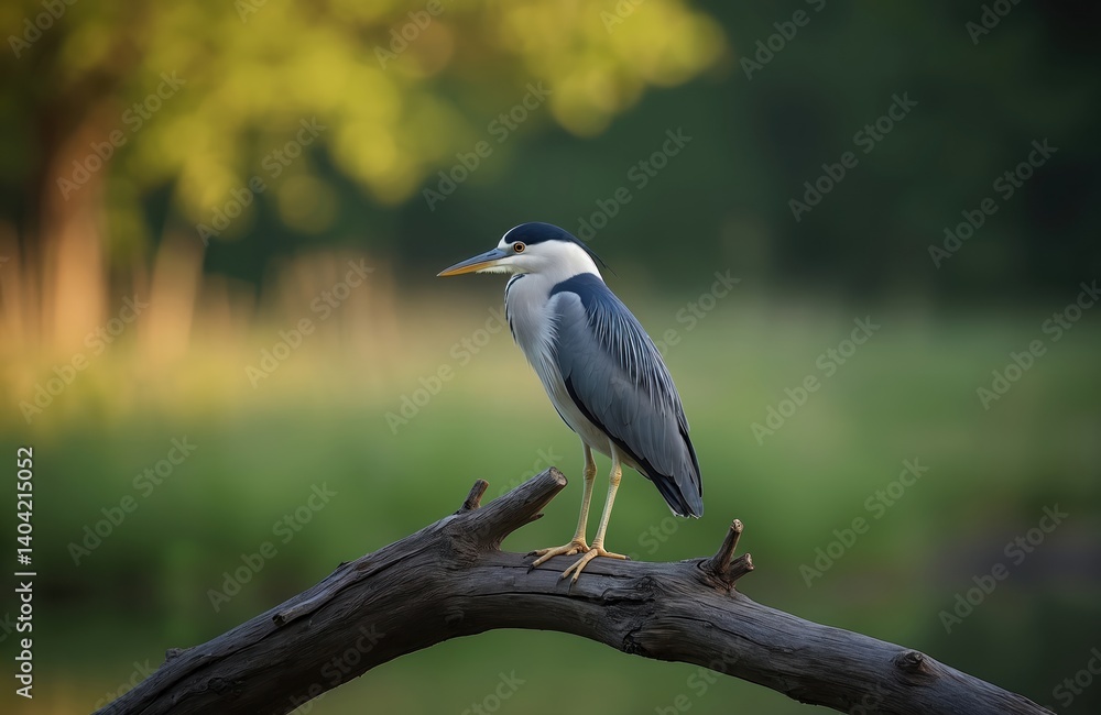 Black-crowned Night Heron bird perched on old dry tree branch. Bird sits, looks around. Natural wildlife photo in green nature background. Avian fauna, waterbird species, ornithology. Black-crowned Night Heron bird perched on old dry tree branch. Bird sits, looks around. Natural wildlife photo in green nature background. Avian fauna, waterbird species, ornithology.