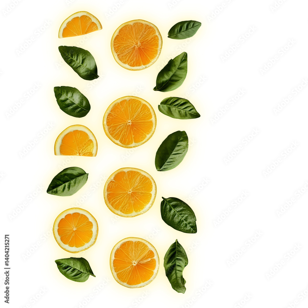 Obraz premium Vibrant citrus slices and fresh basil leaves on a bright yellow background.