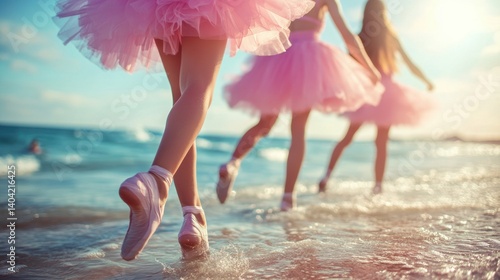 Cropped photo of children, girls in pink tutus at ballet barre at dance class with focus on leg stance
