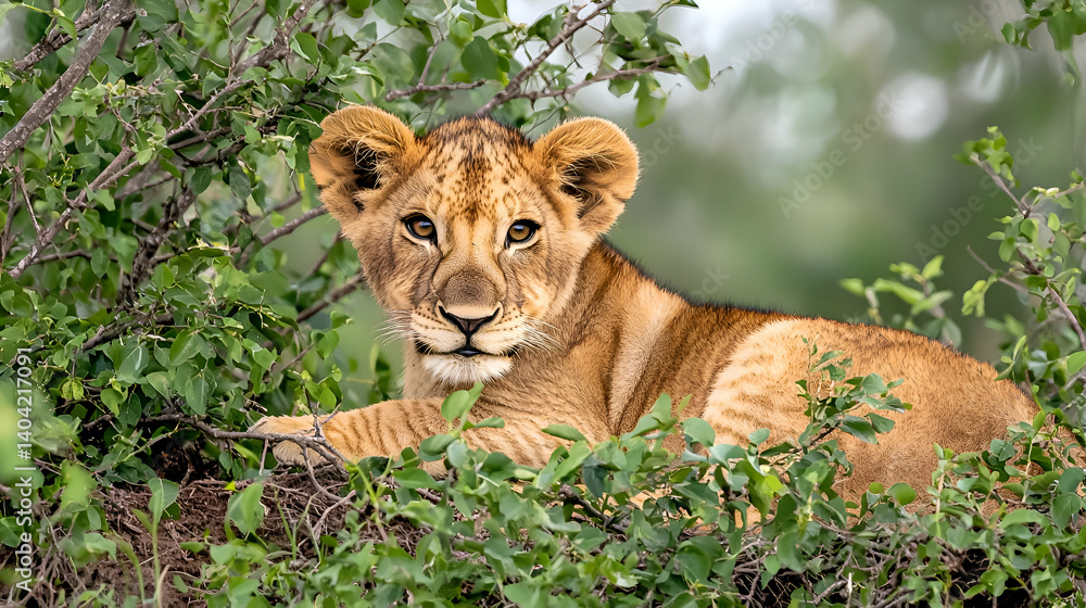 Lion Cub Amidst Lush Green Foliage in African Savanna Lion Cub Amidst Lush Green Foliage in African Savanna
