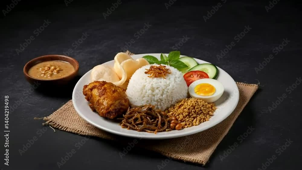 A high-angle, close-up view of a plate of Nasi Lemak, a popular Malaysian dish. A high-angle, close-up view of a plate of Nasi Lemak, a popular Malaysian dish.