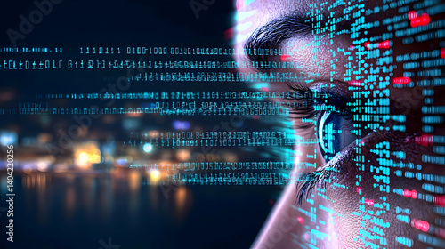 Close Up Of Human Eye With Digital Code Overlay Against City Lights Backdrop