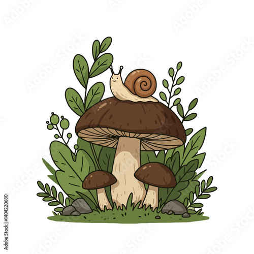 A cute snail on top of a mushroom in a whimsical forest