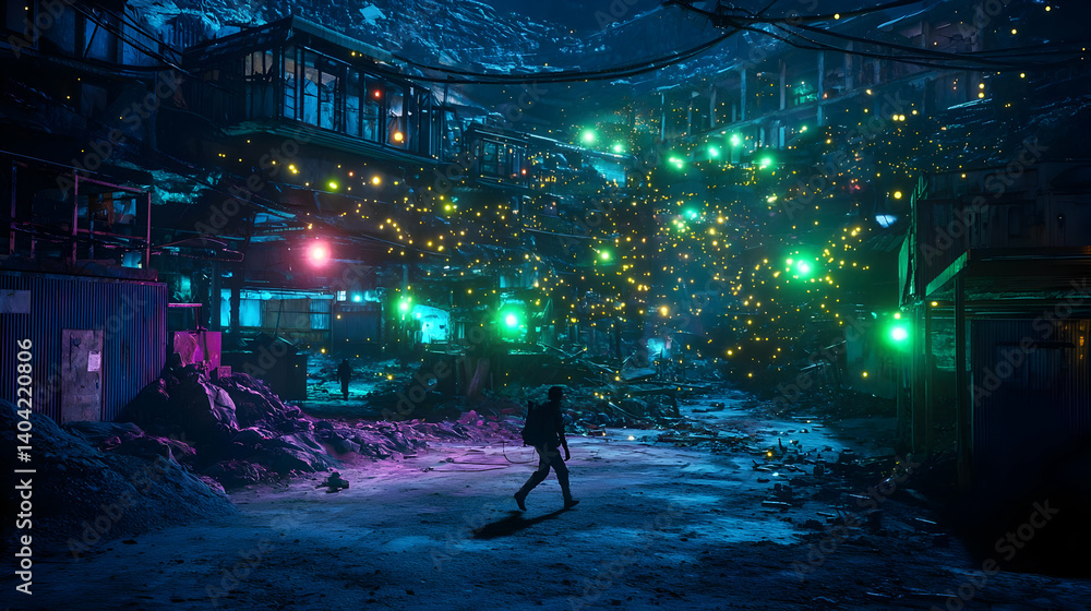 Silhouette Of A Person Walking Through A Vibrant Urban Landscape With Glowing Lights