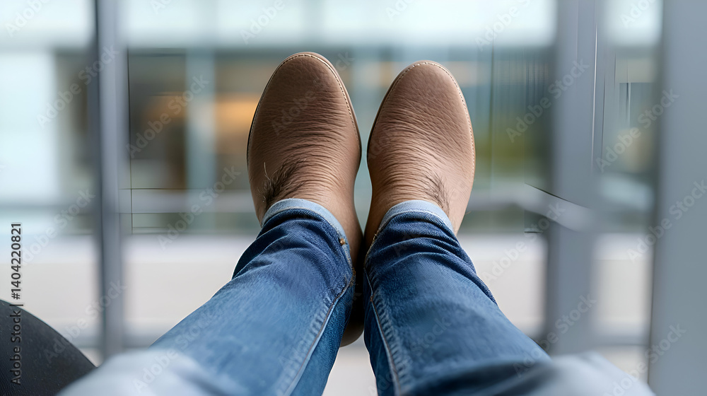 Person Wearing Brown Ankle Boots and Blue Jeans Resting Feet on Glass Table