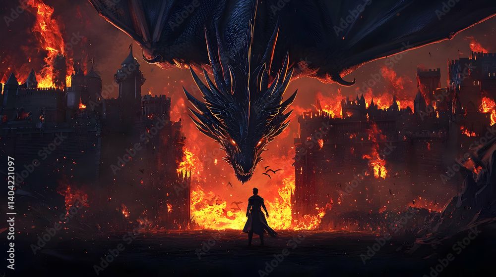 Dragon Attacks Burning Castle With Hero Silhouette