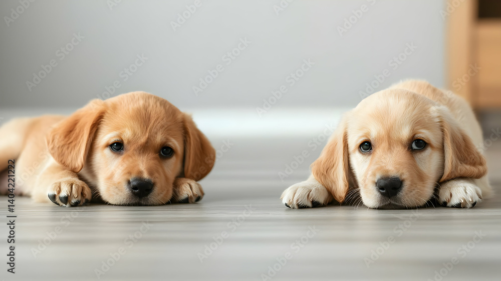 Two Adorable Golden Retriever Puppies Lying On Light Gray Floor