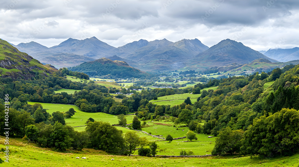 Obraz premium Panoramic View Of Green Valley With Mountains