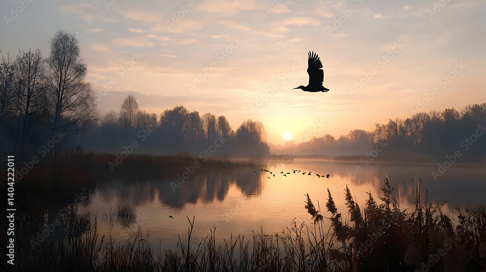 Sunrise Over Misty Lake With Silhouette Bird
