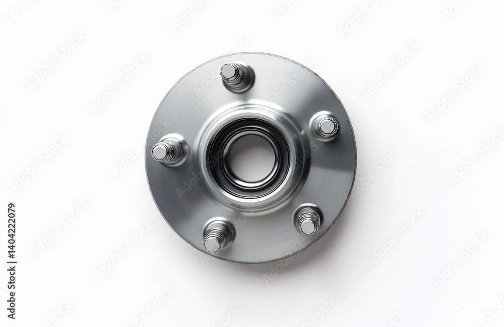 Car hub isolated white background. Shiny silver metal part. Automotive industry repair component. Vehicle transportation suspension detail. Wheel bearing ball. Mechanical engineering equipment. Car hub isolated white background. Shiny silver metal part. Automotive industry repair component. Vehicle transportation suspension detail. Wheel bearing ball. Mechanical engineering equipment.