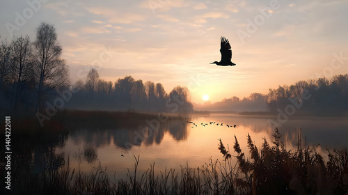 Obraz na płótnie Sunrise Over Misty Lake With Silhouette Bird w salonie