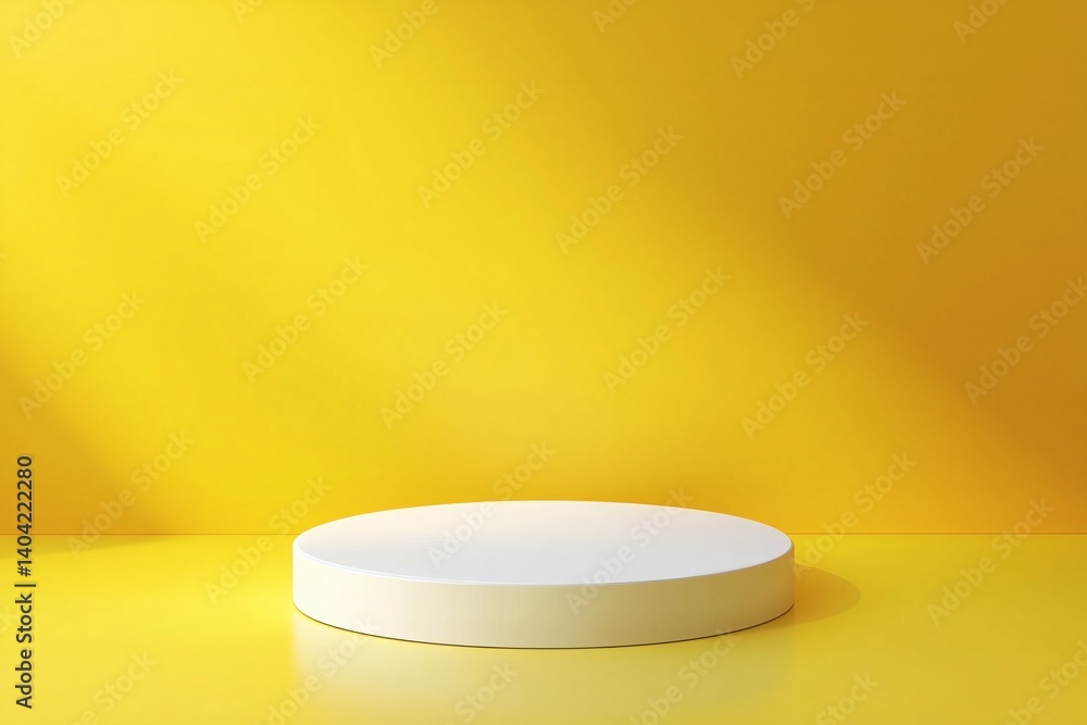 Bright Yellow Studio Background with Simple White Round Product Display Platform, Ideal for Eye-Catching Presentations and Highlighting Merchandise Bright Yellow Studio Background with Simple White Round Product Display Platform, Ideal for Eye-Catching Presentations and Highlighting Merchandise