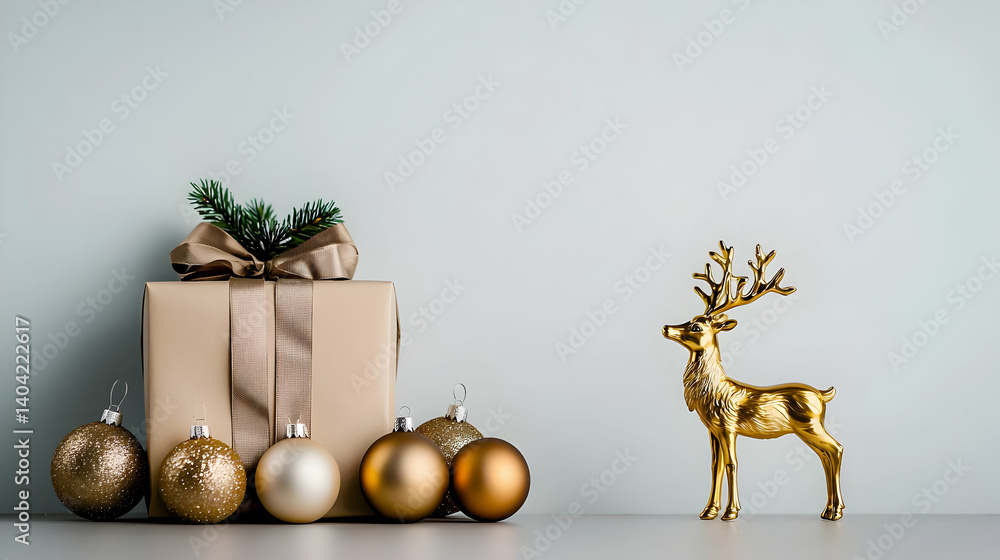 Christmas Decor With Gift And Gold Deer Figurine