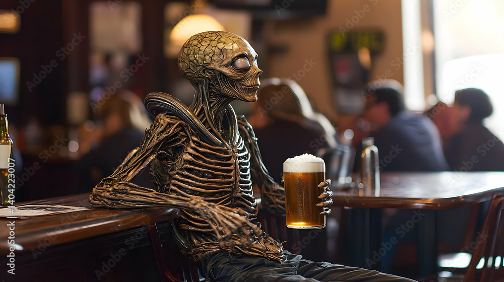Skeleton Figure Holding Beer Glass at the Bar Counter Interior with People Blurred in Background