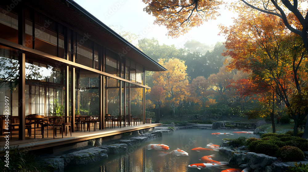 Japanese Garden Pavilion With Koi Pond In Autumn