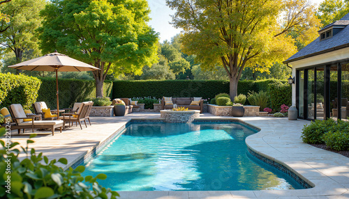Beautiful backyard pool area with sunny relaxation atmosphere  
