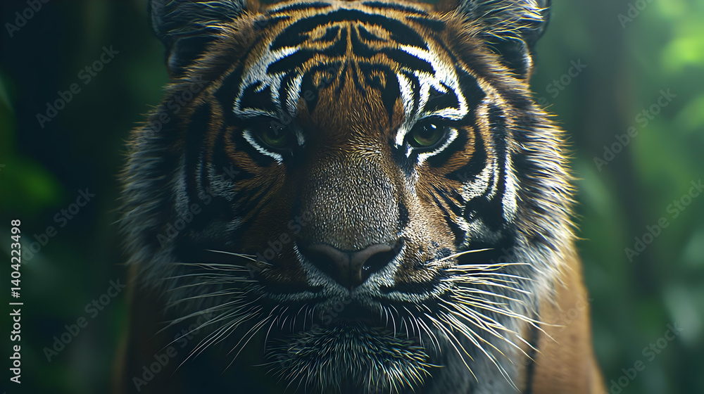 Close Up Portrait Of A Tiger In Tropical Forest