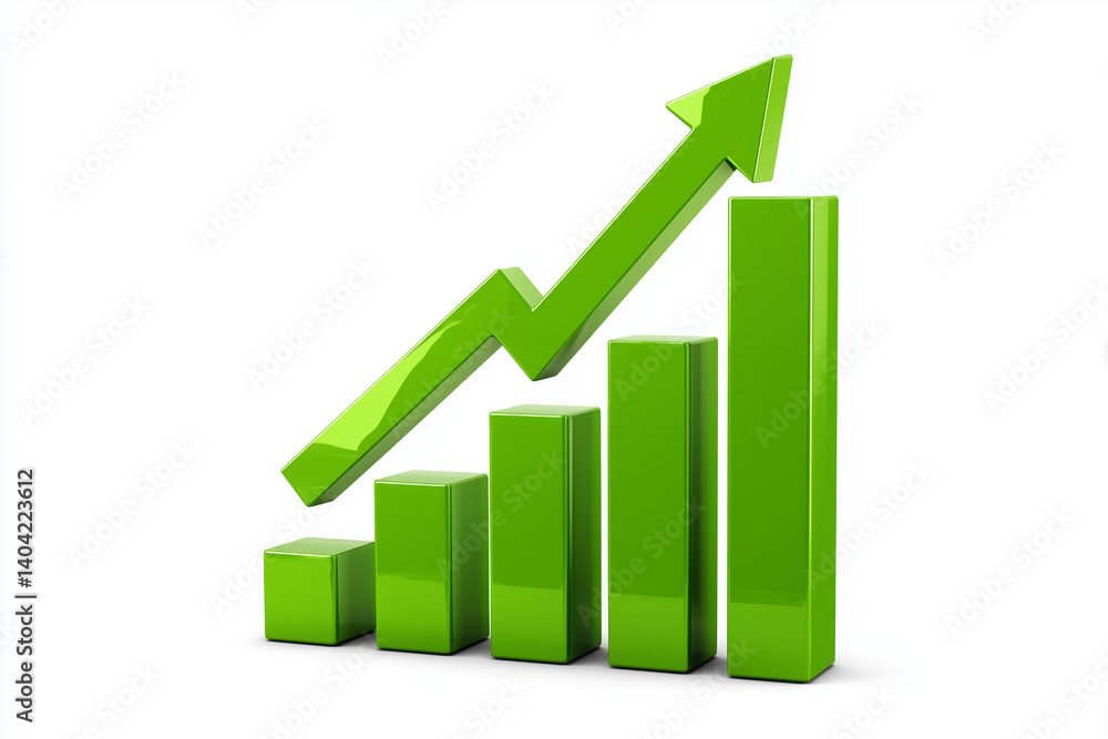 Growth trend represented through green bar graphs and an upward arrow indicating positive performance in data analysis Growth trend represented through green bar graphs and an upward arrow indicating positive performance in data analysis