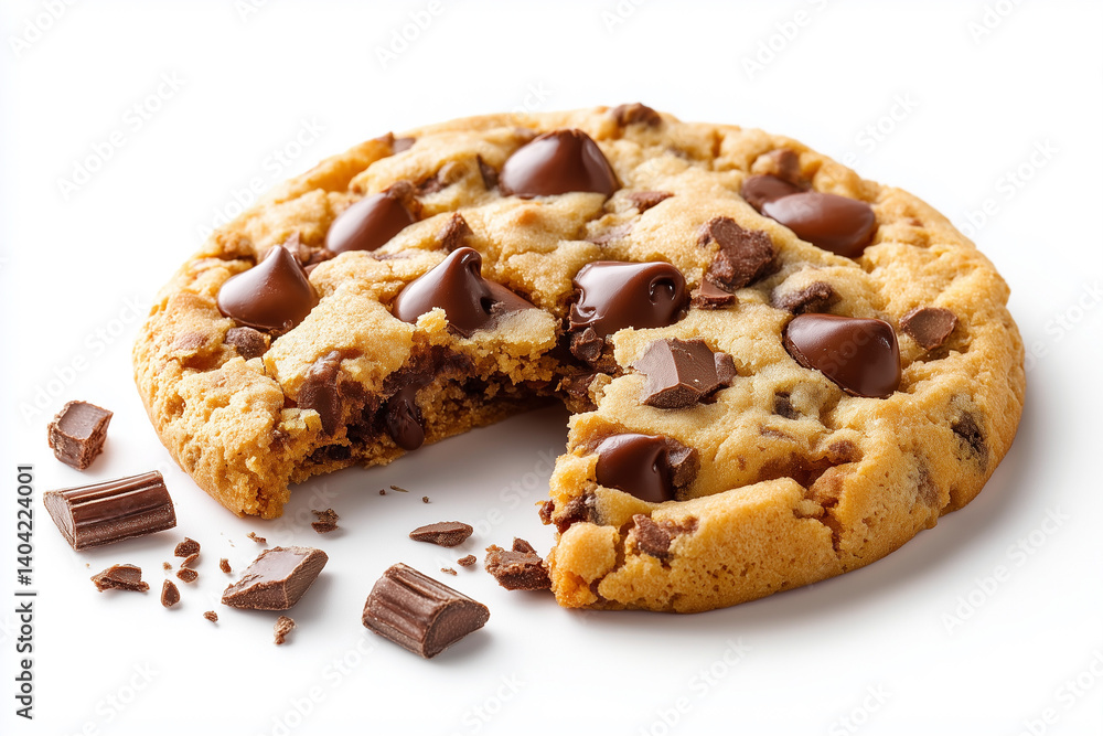 Chocolate chip cookie with bite taken out and pieces scattered on a white background Chocolate chip cookie with bite taken out and pieces scattered on a white background