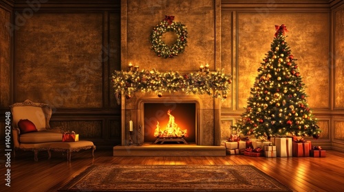 Wallpaper Mural a warmly lit christmas ambiance showcasing a decorated christmas tree and a cozy fireplace in a classic interior evoking a sense of holiday cheer and peaceful family gatherings Torontodigital.ca