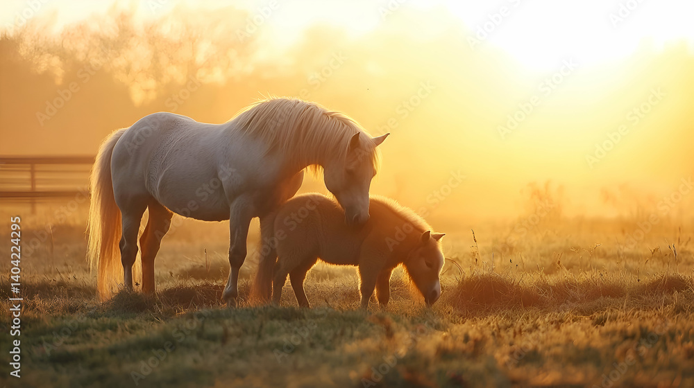 White Horse and Miniature Pony at Sunrise in a Misty Field