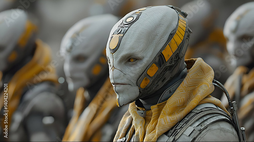Close Up of Grey and Yellow Futuristic Alien Soldiers in Formation