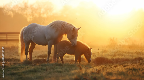 Obraz na płótnie White Horse and Miniature Pony at Sunrise in a Misty Field w salonie