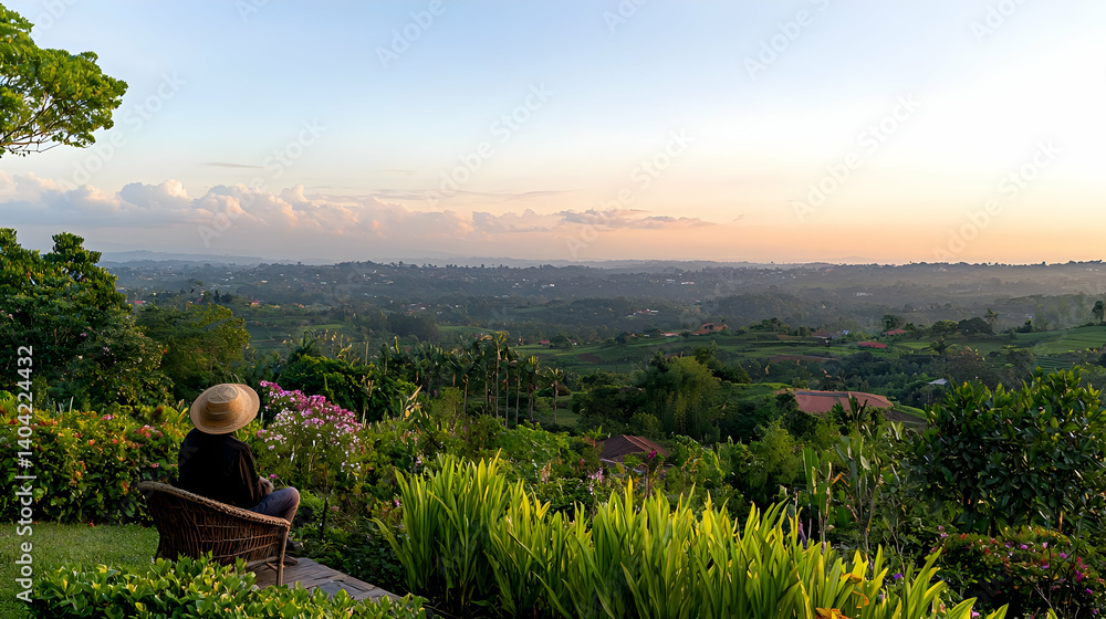 Woman Contemplating Sunset Cityscape Over Hilltop Garden