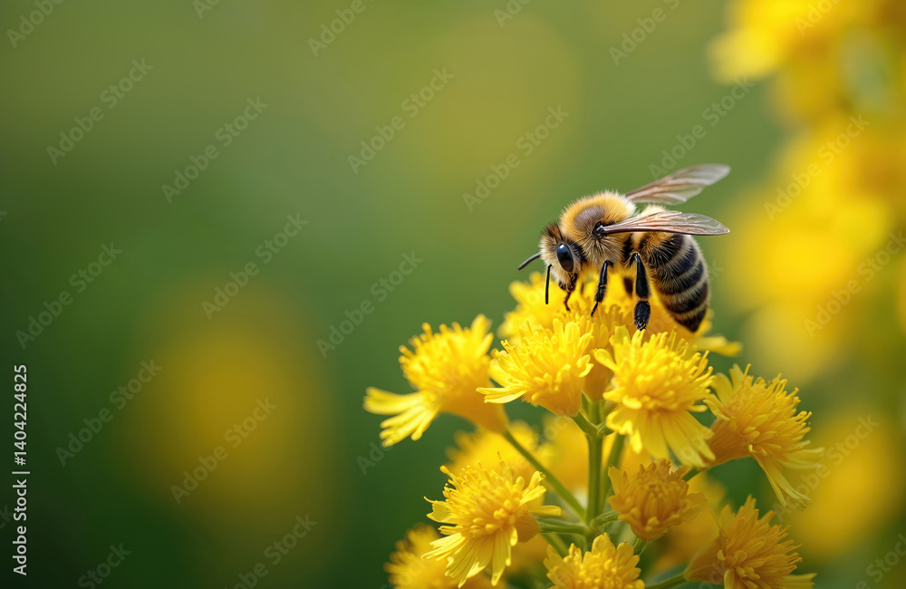 Bee on yellow Canada goldenrod flowers. Insect pollinates wildflowers, collects nectar. Natural scene with blurred background, sunlight, summer season, macro shot. Botany eco theme. Bee on yellow Canada goldenrod flowers. Insect pollinates wildflowers, collects nectar. Natural scene with blurred background, sunlight, summer season, macro shot. Botany eco theme.