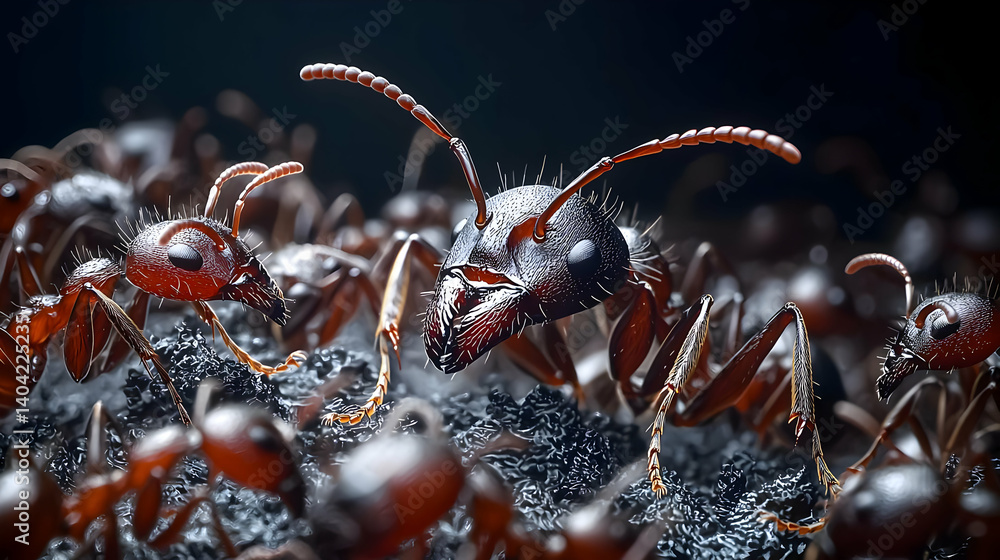Detailed Macro Shot Of Multiple Red Ants With Dark Background Texture