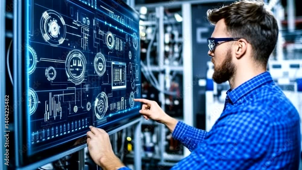 Technician monitors industrial system display Technician monitors industrial system display