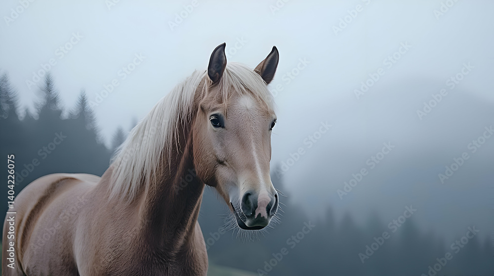Pale Horse in a Misty Mountain Forest