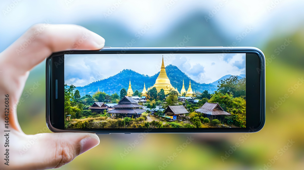 Hand Holding Smartphone Displaying Golden Temple And Mountain Landscape With Green Background