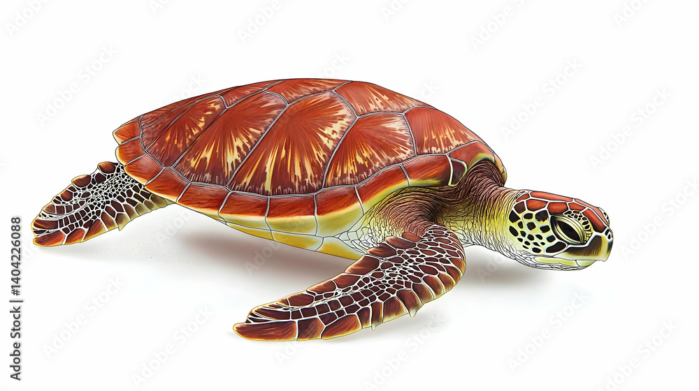 Detailed Close Up View Of A Brown And Red Sea Turtle On White Background