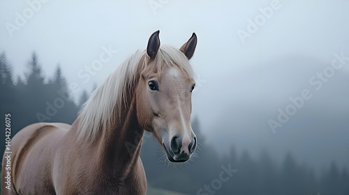 Obraz na płótnie Pale Horse in a Misty Mountain Forest w salonie