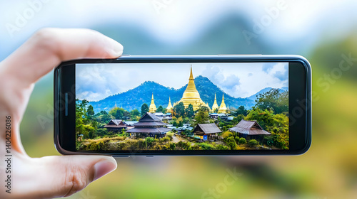 Hand Holding Smartphone Displaying Golden Temple And Mountain Landscape With Green Background