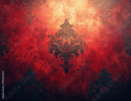 Elegant Red Damask Vintage Wallpaper with Floral Pattern and Baroque Texture