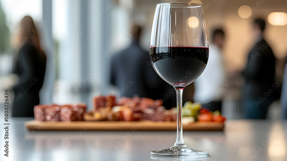 Close Up Of A Wine Glass Filled With Red Wine In Front Of A Wooden Board With Appetizers And Blurred People In Background