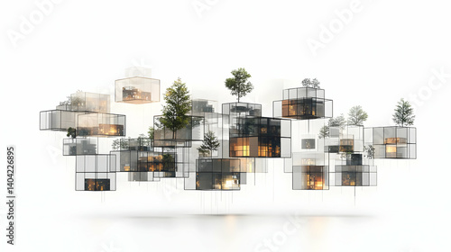 Obraz na płótnie Abstract Digital Cityscape Design With Illuminated Floating Cubic Structures And Trees w salonie