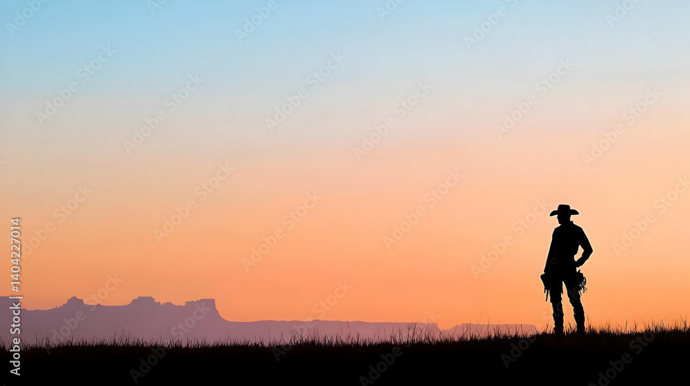 Silhouette Of Person Standing At Dusk Against Colorful Sky With Field And Horizon Landscape