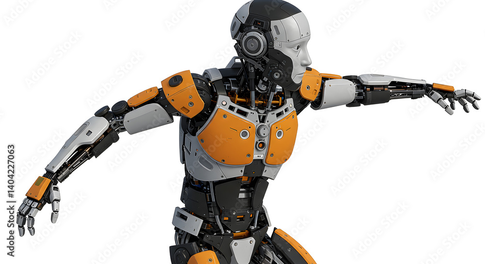Detailed 3D Render of an Orange and Silver Android Robot with Arms Outstretched on a Clean White Background Detailed 3D Render of an Orange and Silver Android Robot with Arms Outstretched on a Clean White Background