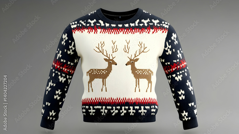 Digital Rendering Of A Festive Knitted Sweater With Reindeer Pattern