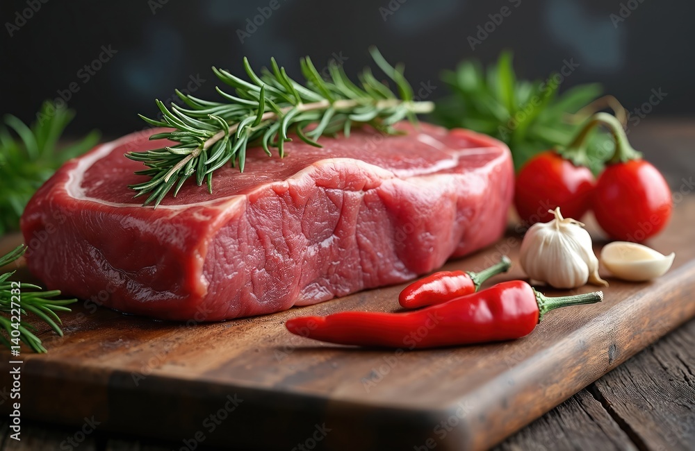 Fresh raw beef steak with fresh herbs on wooden cutting board. Served with spices, garlic, chili pepper. Delicious protein rich food. Cooking, grilling barbecue concept. Healthy eating, culinary, Fresh raw beef steak with fresh herbs on wooden cutting board. Served with spices, garlic, chili pepper. Delicious protein rich food. Cooking, grilling barbecue concept. Healthy eating, culinary,