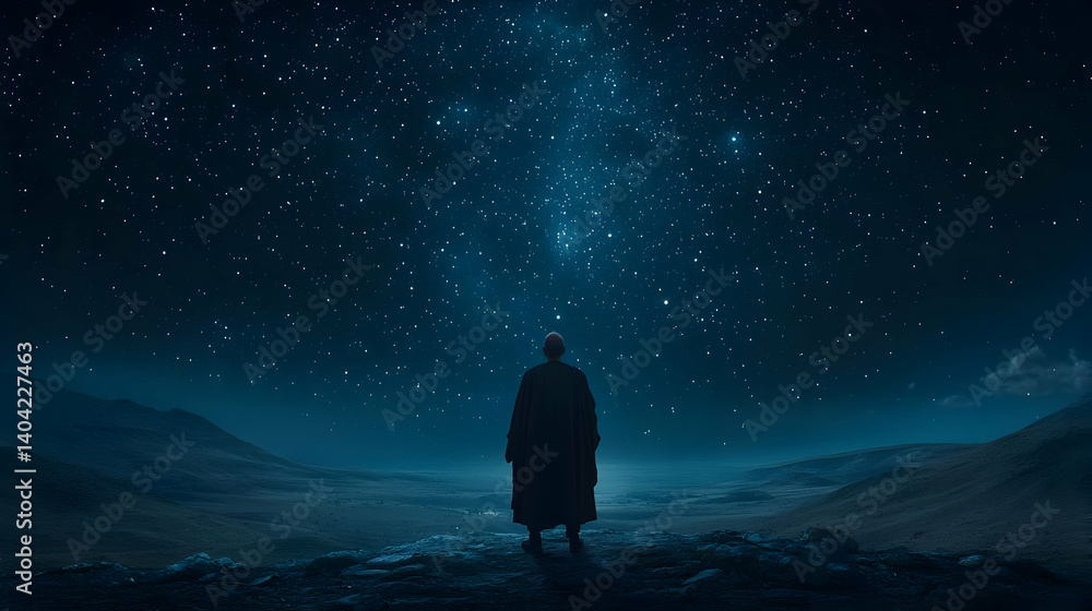 Person Silhouetted Against Starry Night Sky Standing In Open Field Contemplating The Universe In Serene Blue Tones